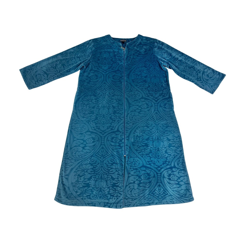 Miss Elaine Teal Blue Embossed Damask Zip Front Plush Fleece Robe Nightgown XL